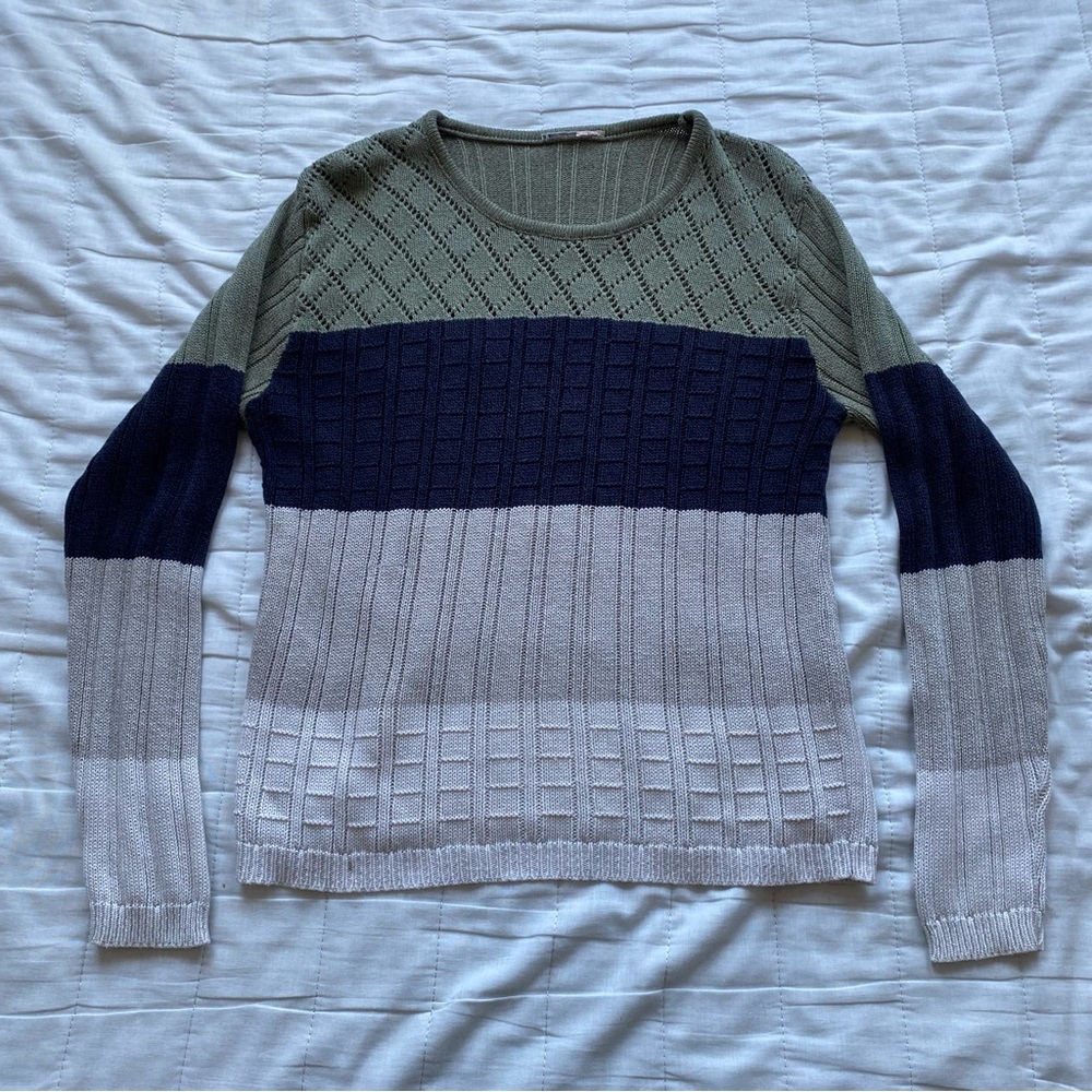 Colorblock Knit Sweater - Olive, Navy & Light Gray